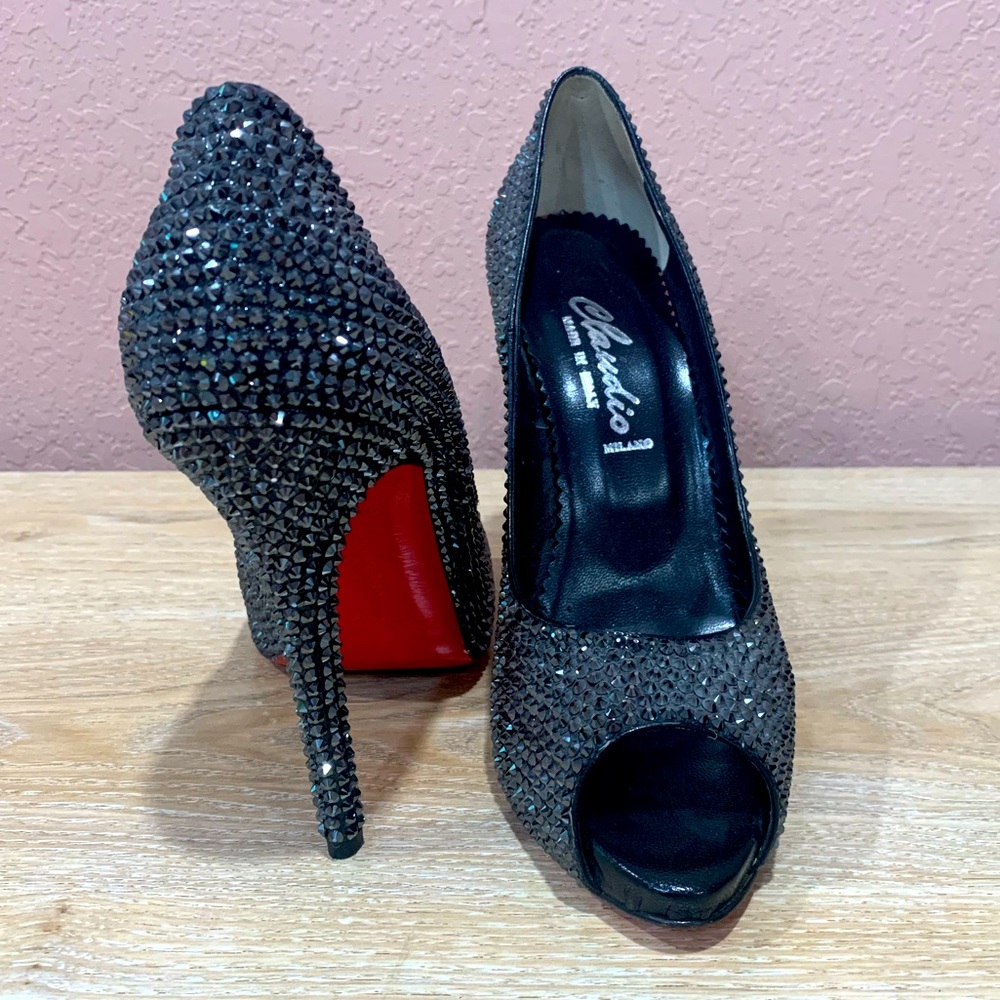 Swarovski crystal peep toe heels red bottom